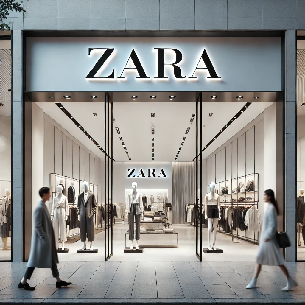 DALL·E 2024 10 21 10.29.49 A clean modern image of a Zara store entrance with stylish glass windows displaying fashionable clothing mannequins. The store has a sleek black and